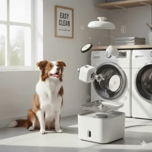Exploded view of a dog water fountain showing dishwasher-safe parts for easy maintenance by busy pet parents.