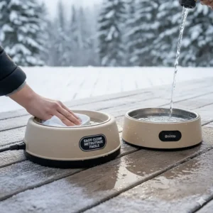 Illustration of the easy-to-clean BPA-free plastic surface of a winter-ready outdoor heated pet water bowl.