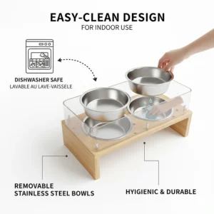 Graphic showing removable stainless steel inserts from an adjustable elevated dog bowl stand, labeled dishwasher safe.