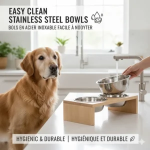 Illustration of removable stainless steel bowls in a raised stand, highlighting easy maintenance for Canadian pet owners.