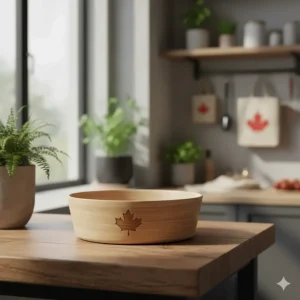 A sustainable bamboo fiber pet dish, demonstrating biodegradable material for dog bowls for eco-conscious Canadian pet owners.