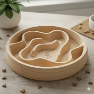 Eco-friendly bamboo slow feeder dog bowl featuring a "Made in Canada" style aesthetic and sustainable materials.