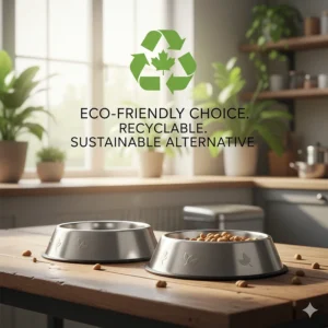 Recyclable and eco-friendly stainless steel dog bowls as a sustainable alternative to plastic for Canadian pet owners.