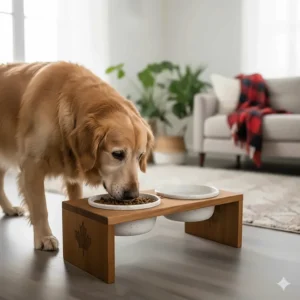 A wooden elevated stand featuring two affordable dog bowls, ideal for large breeds and senior dogs.