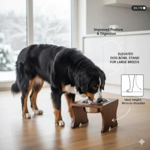 A diagram of an elevated dog bowl stand designed for large breeds like Bernese Mountain Dogs to improve posture.