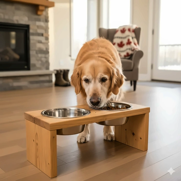 A senior Golden Retriever comfortably eating from an elevated wooden dog bowl stand in a bright Canadian home.