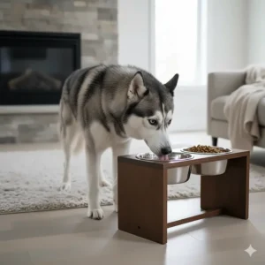 Ergonomic elevated stand with an extra large dog bowl designed for senior large breeds like Huskies or Labradors.