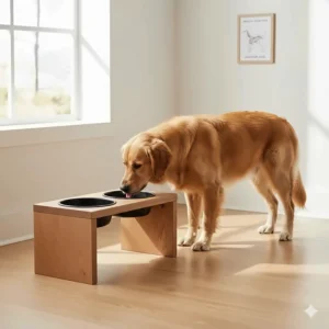 A wooden raised feeder stand with metal inserts, highlighting ergonomic material for dog bowls to improve pet digestion.