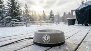 Graphic showing the energy-efficient power consumption of an outdoor heated dog bowl, suitable for 120V Canadian outlets.