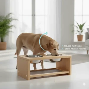 Modern ergonomic feeding station design specifically for senior dogs with arthritis or limited mobility.