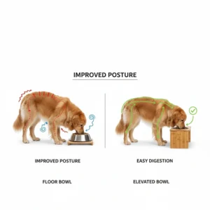 Diagram showing how an adjustable elevated dog bowl improves posture and digestion for senior dogs.
