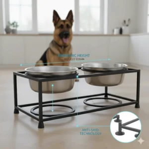 Diagram of an elevated non slip dog bowl showing the anti-skid technology and ergonomic height for large breeds.