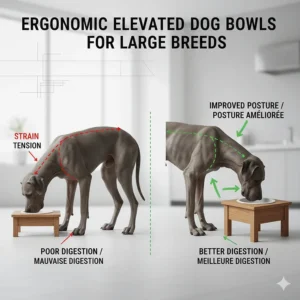 Diagram showing how elevated dog bowls for large dogs improve neck posture and digestion for breeds like Great Danes.
