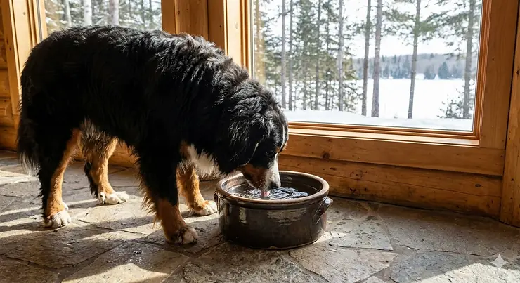 A Bernese Mountain Dog drinking from a heavy-duty extra large dog bowl on a rustic wooden floor in a Canadian living room.