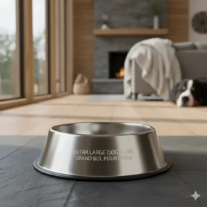 Stainless steel extra large dog bowl labeled in English and French (Grand bol pour chien) for Canadian pet owners.