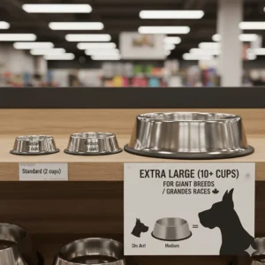 A size comparison chart showing an extra large dog bowl next to a standard bowl to help Canadian buyers choose the right fit.