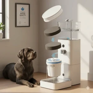 Diagram showing the multi-stage filtration system of a dog water fountain, removing impurities for clean Canadian tap water.