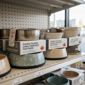 An illustration of quality dog bowls with bilingual packaging for the Canadian market (English and French).