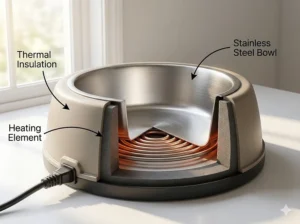 Technical illustration showing the internal thermal insulation and heating element of an outdoor heated dog bowl designed for sub-zero temperatures.