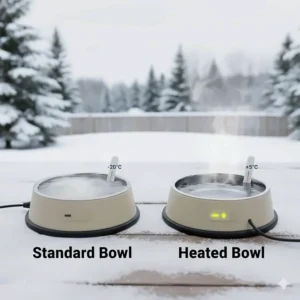 Comparison illustration of a frozen standard water dish versus an outdoor heated dog bowl keeping water liquid at minus 20 degrees Celsius.