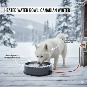 An insulated or heated water bowl used outdoors in cold Canadian winter climates to prevent freezing.