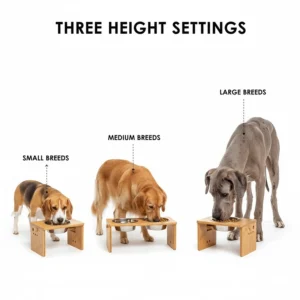 Illustration of three height settings on a dog bowl stand to accommodate breeds from Beagles to Great Danes.