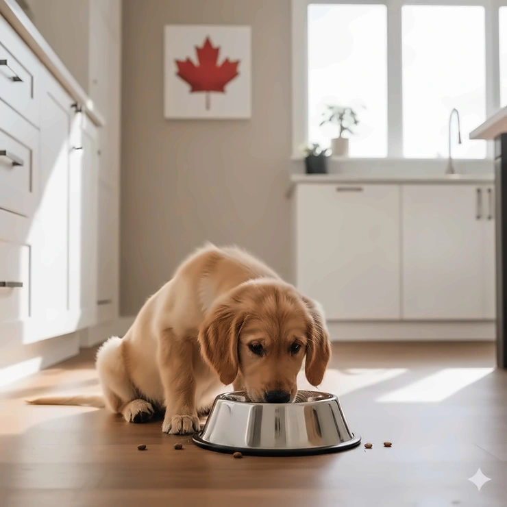 A Golden Retriever puppy eating from a stainless steel bowl in a modern Canadian kitchen with a maple leaf decor. how to choose dog bowl