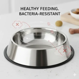 Non-porous, bacteria-resistant stainless steel dog bowl illustrating a healthy feeding environment for pets.