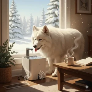 Illustration of a dog using a water fountain indoors to stay hydrated while the furnace runs during a cold Canadian winter.