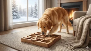 A dog playing with a puzzle dog feeder indoors during a Canadian winter to stay active and mentally engaged.
