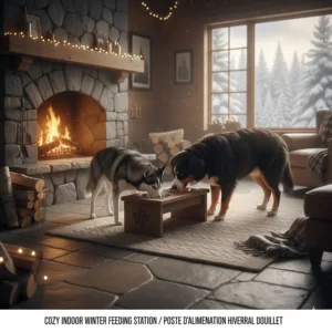 Illustration of a cozy indoor feeding station featuring elevated dog bowls for large dogs next to a stone fireplace.