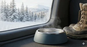 Illustration of an insulated car dog water bowl suitable for cold Canadian winter commutes.