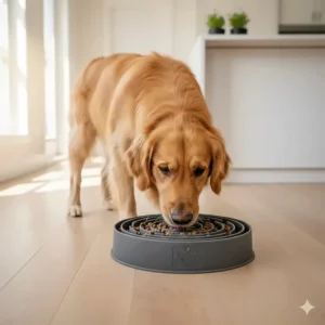 Top-down view of an intricate maze design in a slow feeder bowl tailored for the snout size of large Canadian dog breeds.