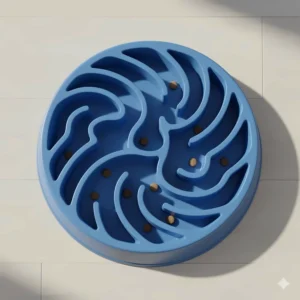 Top-down illustration of a blue maze-style slow feeder dog bowl suitable for aggressive eaters.