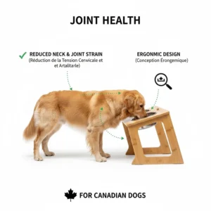 Illustration highlighting reduced neck strain for Canadian dogs using a raised, adjustable feeding station.