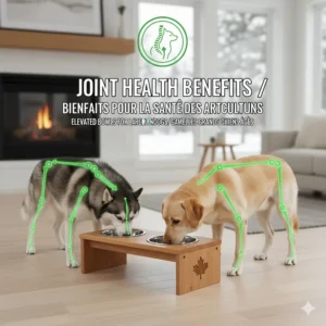 Illustration highlighting joint health benefits of elevated dog bowls for large dogs, focusing on senior Labradors and Huskies.