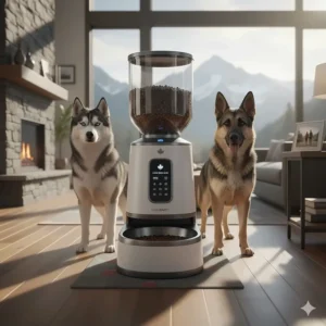 An illustration of a large-capacity automatic dog feeder suitable for popular Canadian breeds like Huskies or German Shepherds.