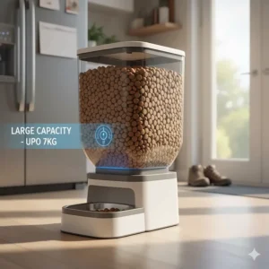 Illustration of a high-capacity storage tank in an automatic feeder for large dogs, holding up to 7 kilograms of food.