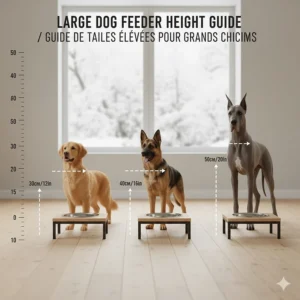A height comparison chart for elevated dog bowls for large dogs, measuring height in centimeters and inches.