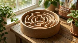 A size comparison chart for large dog slow feeders, featuring dimensions suitable for Great Danes and Bernese Mountain Dogs.