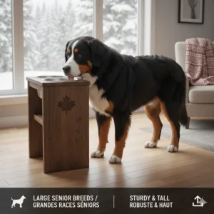 A large-breed senior dog using a sturdy, tall elevated bowl set designed for Canadian households.