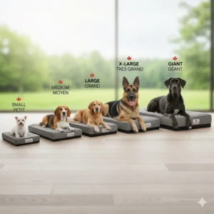 Size guide for memory foam dog beds ranging from small to extra-large breeds found in Canada.
