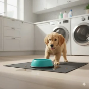 A playful puppy trying to nudge a non slip dog bowl that won't budge, preventing spills in a laundry room.