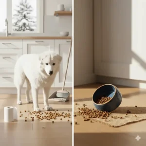Illustration of an automatic pet feeder working reliably during a snowy Canadian winter morning indoors.