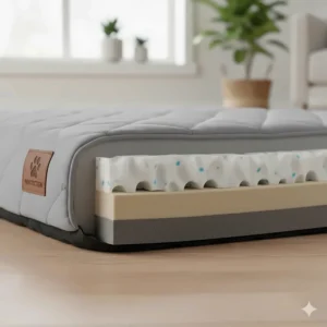 A cross-section view of high-density memory foam layers used in quality orthopedic dog beds.