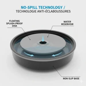 Diagram showing the splash-proof floating disk mechanism of a car dog water bowl for bumpy Canadian backroads.