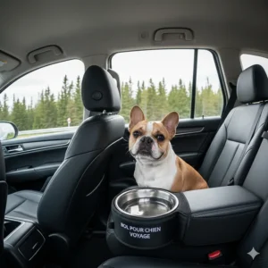 A no-spill dog water bowl secured in the back of an SUV for a cross-Canada road trip (bol pour chien voyage).