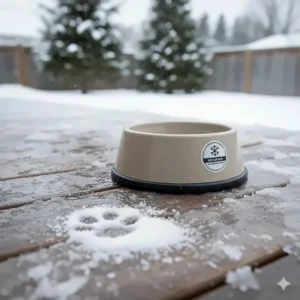Illustration highlighting the sturdy, non-slip rubber base of a heated water bowl for dogs, preventing sliding on icy Canadian porches.