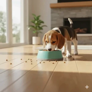 Illustration of a silicone-base non slip dog bowl staying in place on a polished oak floor during mealtime.