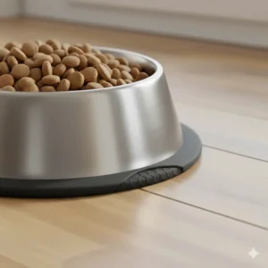 Illustration of a non-slip silicone base on a metal dog bowl to prevent sliding on hardwood floors.
